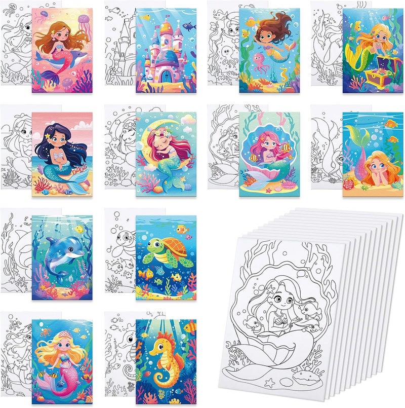 Anseal 12 Packs Pre Drawn Canvas for Painting, 5" X 7" Mermaid Ocean Theme Pre Printed Canvas for Kids (Mermaid) - Image 1